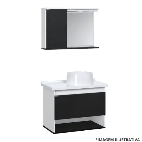 Kit Toucador Bergamo 63,5Cm Textura Preto Pia Creta Redonda-Aj Rorato